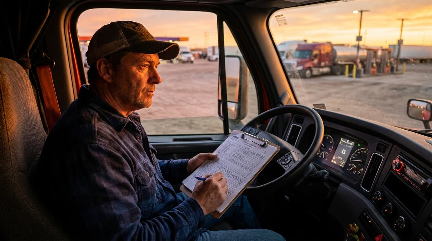 Truck driver reviewing a CDL job offer and paperwork in the cab