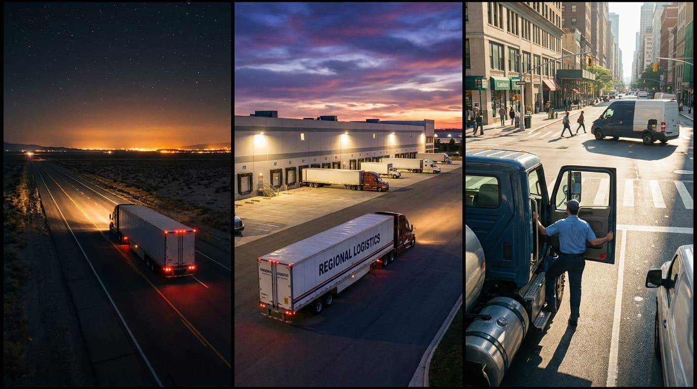 Trucks on a highway near a distribution center