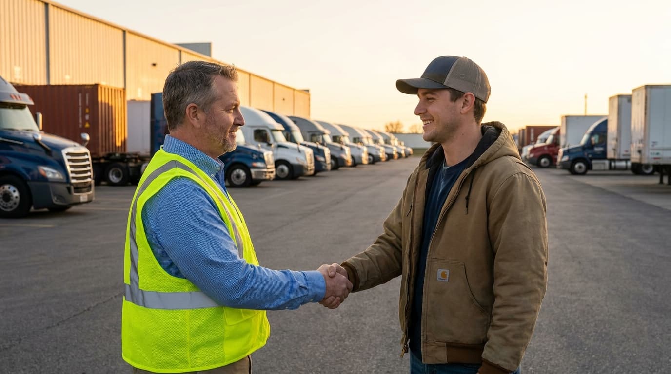 Fleet manager shaking hands with a CDL driver during onboarding